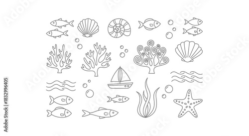 Gray line art collection of various sea life shells water and a sailboat