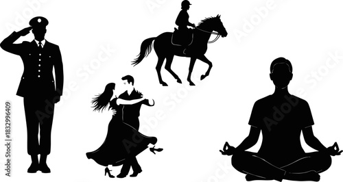 Silhouette illustration of soldier, dancing couple, equestrian rider, and meditating figure, black and white vector, lifestyle and profession concept