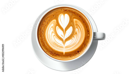 Latte art of tulips in ceramic cup on a saucer, top-down view
