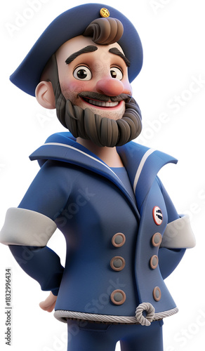3d cartoon sailor man with beard wearing blue uniform isolated on transparent background