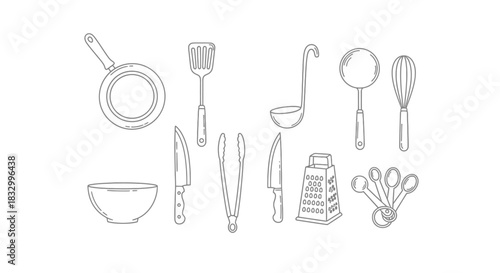 Line art collection of assorted kitchen utensils including cookware and cutlery