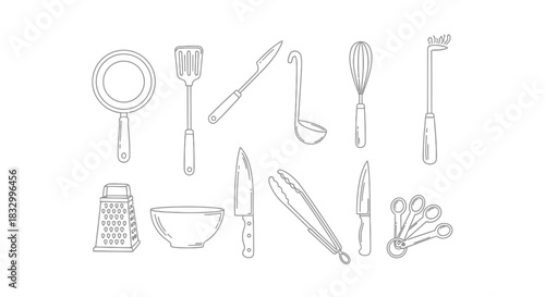 Line art illustration of various gray kitchen utensils against a white background