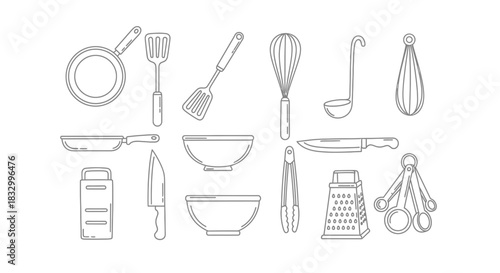 Outline icons of various cooking utensils arranged in two rows