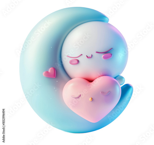 Cute 3d cartoon character sleeping on crescent moon holding heart isolated on transparent background