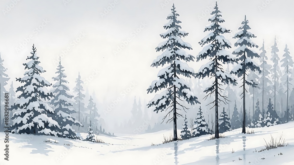 Obraz premium Watercolor winter forest scene with snow covered pine trees and soft light image
