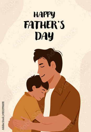 A father in a brown shirt affectionately hugs his sleeping son under bold festive text.