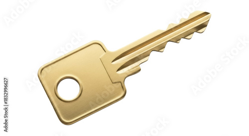 Golden metal key isolated PNG, security and access concept for design elements and presentations on transparent background