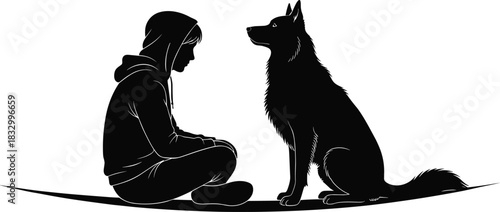Silhouette illustration of person and dog sitting face-to-face, emotional connection and companionship vector design, pet and human bond concept