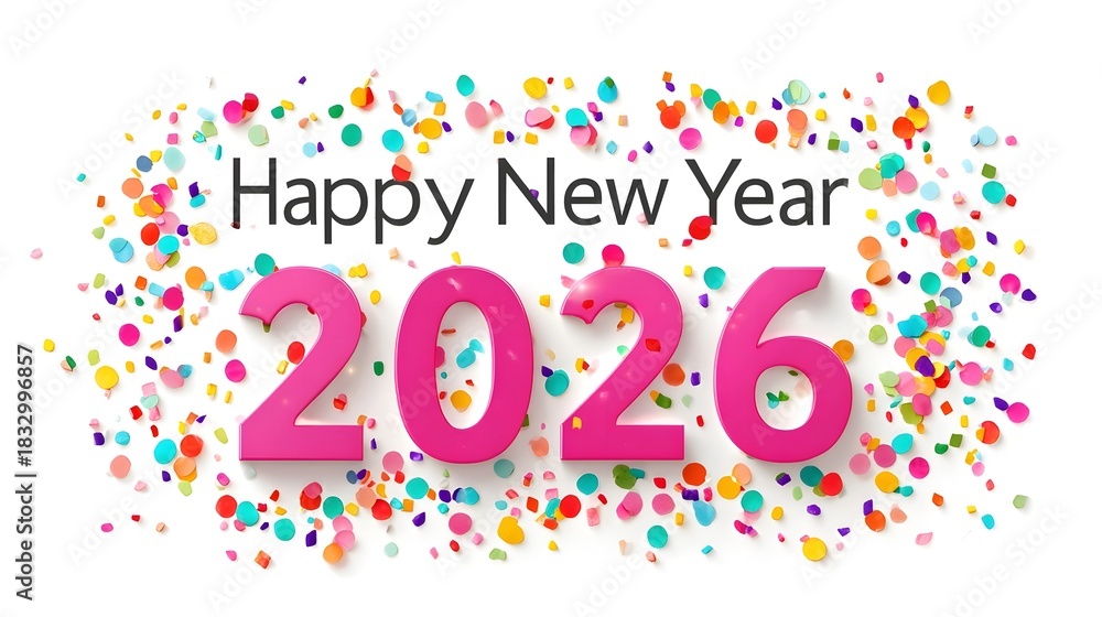 Fototapeta premium A vibrant and festive illust n wishing a Happy New Year 2026 featuring bold pink numbers surrounded by a joyful scattering of colorful confetti on a clean white background