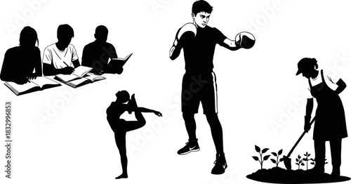 Silhouette illustration of studying, yoga, boxing, and gardening activities, black and white vector, lifestyle and skill concept, diverse human motion