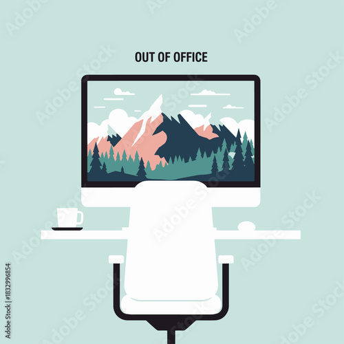 Work-Life Balance Escape from Office with Mountain View on Monitor