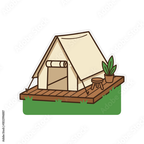 Glamping Tent on Wooden Platform with Potted Plant and Stool in Green Field