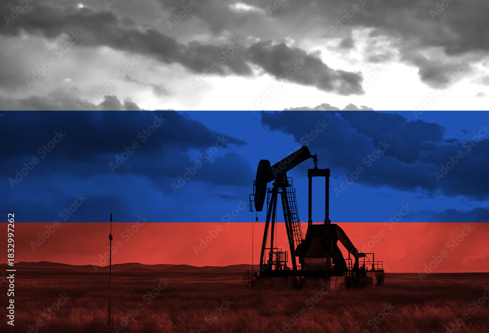 Naklejka premium Drilling for oil in the countryside with Russian national flag overlay