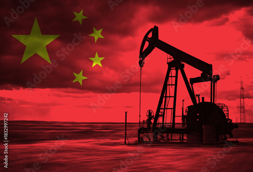 Drilling for oil in the countryside with Chinese national flag overlay