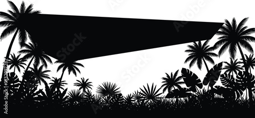 Silhouette illustration of tropical jungle with palm trees and abstract triangular overlay for nature and editorial vector content