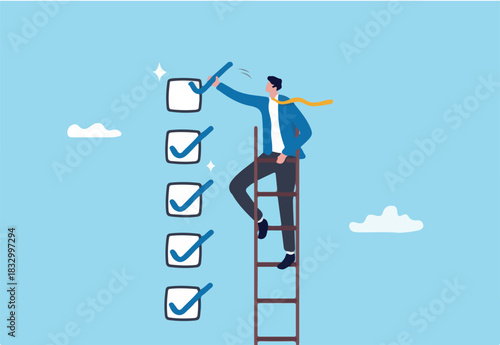 Criteria checklist report, evaluation list, complete checkbox, finish work, to do list or task done, quality assurance control, checkmark concept, businessman put tick on completion checklist