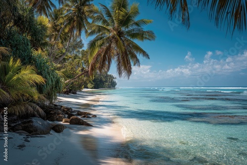 Scenic ocean beach fringed by palm trees and lush vegetation under a bright blue sky