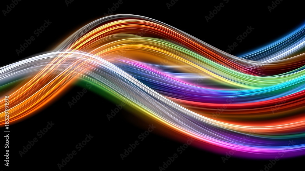 Fototapeta premium Vibrant waves of colorful light flowing seamlessly against a dark background, creating a captivating visual effect that radiates energy and movement.