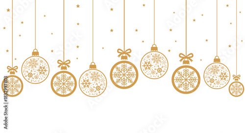 Elegant gold Christmas background with hanging baubles, snowflakes, stars and confetti on white, perfect for festive greeting cards, holiday banners, invitations and seasonal winter celebrations.