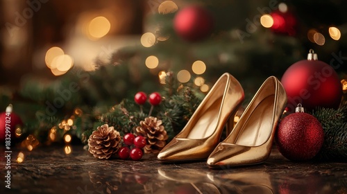 Christmas Celebration with Golden High Heels, Red Ornaments and Festive Decor