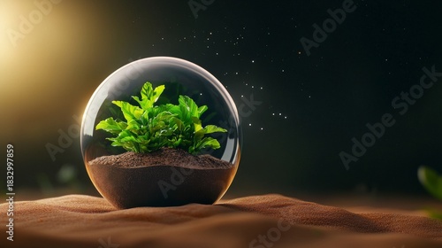 Green Plant in Glass Terrarium Globe with Warm Light