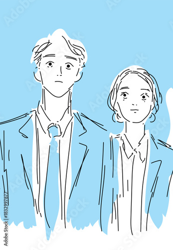 Man and woman in professional suits look forward with worried expressions.