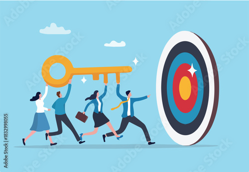 Key to success, team working together as teamwork to achieve goal or target, unlock career opportunity, solution or winning business planning concept, business people carry golden key to success.