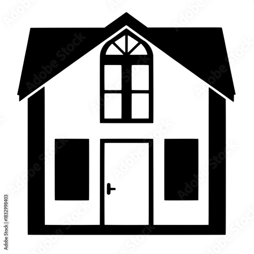 Logo-ready black silhouette of a house, perfectly centered, with a large paneled window featuring multiple vertical panels, and a small secondary window positioned directly above a simplistic door wit