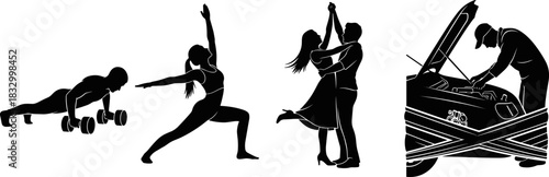 Silhouette illustration of fitness, yoga, dance, and car repair activities, black and white vector, diverse human motion, lifestyle and skill concept