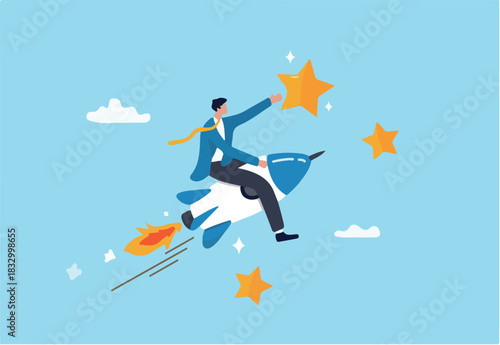Success achievement, boost growth development to reach target, leadership to win business challenge, startup, entrepreneur or ambition to win, businessman riding fast rocket to reach success star