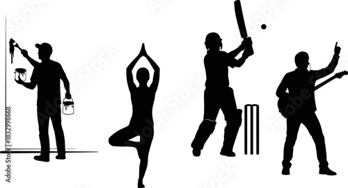 Silhouette illustration of diverse human activities, black and white vector, painting, yoga, cricket, music, expressive lifestyle concept, creative poses
