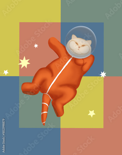 Cute Space Cat in Helmet. Astronaut Cat Retro Design
