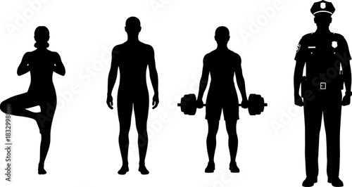 Silhouette illustration of yoga, anatomy, fitness, and police profession, black and white concept art showing diverse roles and body postures