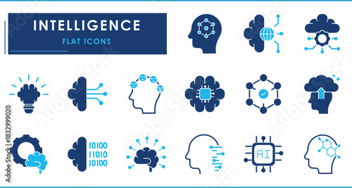 A set of flat icons related to Intelligence. Brain, thinking, emotions, AI, digital, brilliance, capacity, memory, innovative, and so on.