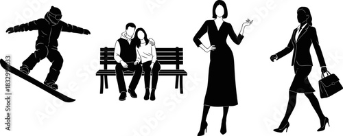 Silhouette illustration of snowboarder, romantic couple, confident woman, and businesswoman, black and white concept art showing lifestyle and activities