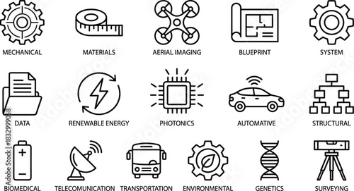Engineering and Technology Icon Set Diverse Fields and Concepts, Mechanical, Automotive, Renewable Energy, Photonics, Blueprint, Structural, Genetics