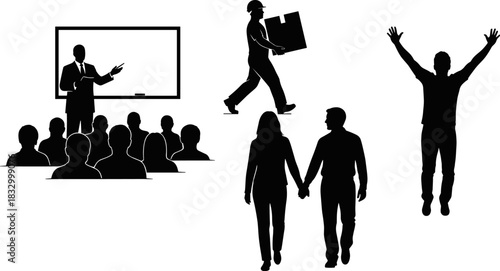 Silhouette illustration of teacher, laborer, couple, and jumping person, black and white concept art showing education, work, emotion, and relationships