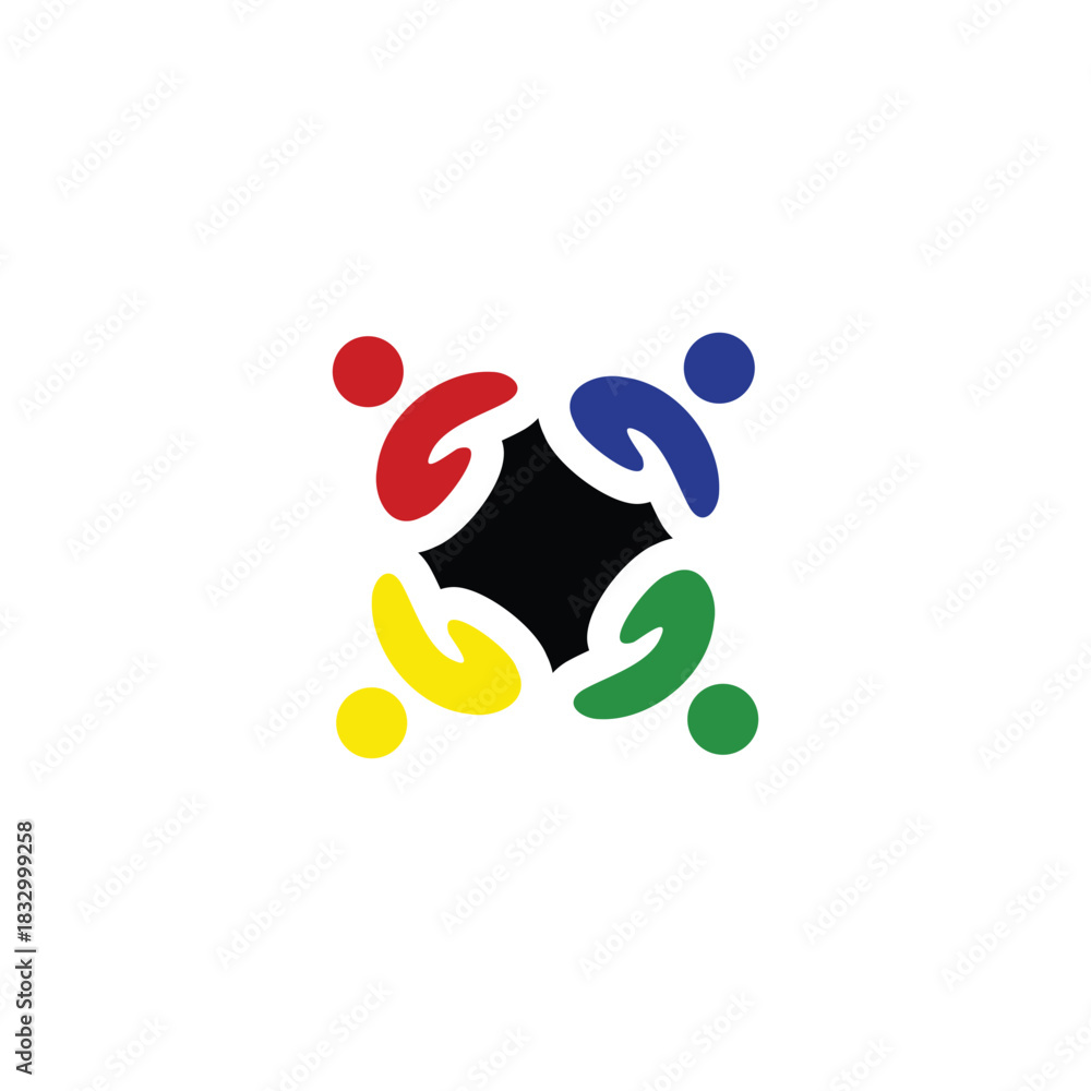 Obraz premium A vibrant logo featuring four stylized figures or hands in red, blue, green, and yellow, forming a circular shape around a dark center, symbolizing unity, diversity, and collaboration.