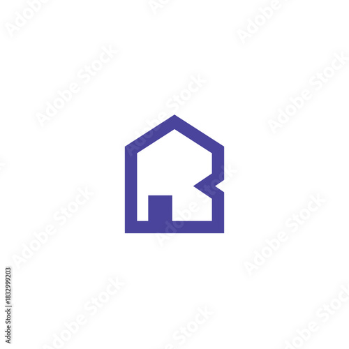 A modern, minimalist logo design featuring an abstract house shape cleverly integrated with the letters R and B, presented as a clean purple outline on a pure white background.