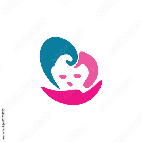 Colorful graphic illustration of a minimalist baby face nestled within intertwined blue and pink abstract forms, symbolizing parental care, love, and affection.