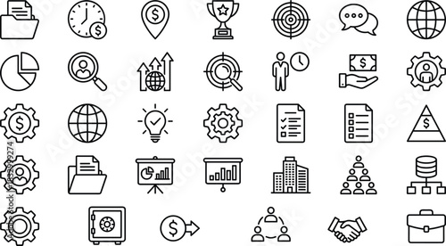 Global Business, Finance, and Strategy Icon Set Data, Money, Time, Growth, Management, Goals, Teamwork, Investment, Planning, Success