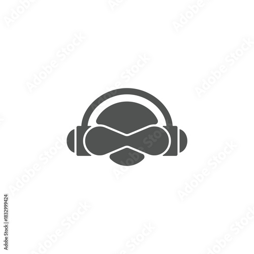 A minimalist icon depicting a person wearing headphones and a stylized mask or goggles, representing audio, gaming, or virtual reality.
