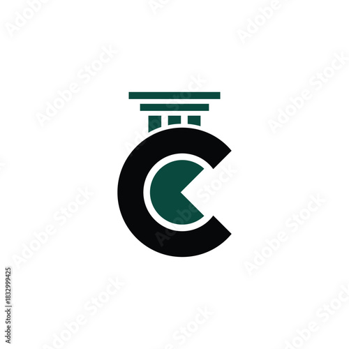A modern logo design featuring a stylized black letter 'C' integrated with a dark green classical column capital, symbolizing structure and foundation.