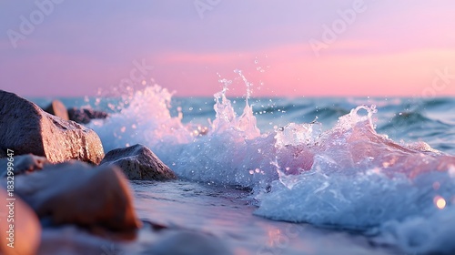 Fototapeta Naklejka Na Ścianę i Meble -  Seascape featuring a wave breaking over wet stones at the coast illuminated by the soft vibrant hues of a peaceful twilight sky