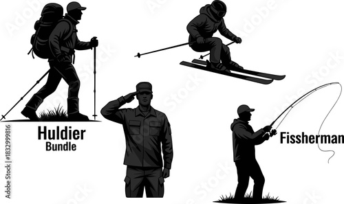 Silhouette illustration of hiker, skier, soldier, and fisherman, black and white concept art showing outdoor adventure, profession, and nature activity
