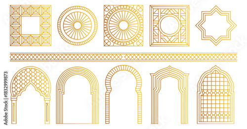 Islamic geometric patterns illustration featuring arabesque, Moroccan, Arabic designs, arches, and ornamental vector elements for architecture and decor