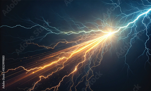 A powerful electric bolt of lightning flashes across the dark night sky 