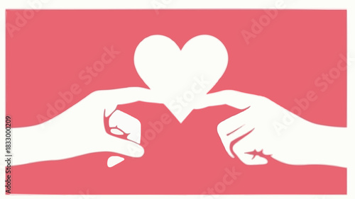 Two hands reaching out to touch a white heart shape on a pink background symbolizing love connection and unity