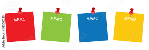 Four red, green, blue and yellow memo reminder with pushpin and shadow isolated on white or transparent background.