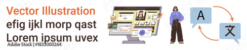 Language services, website content, e-learning, education, global connections, technology interface. ion of a person, website and language translation icons. Language services and website content
